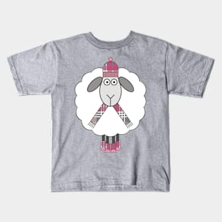 Cosy Winter Sheep With Pink, Grey and White Tartan Hat, Scarf and Boots Kids T-Shirt